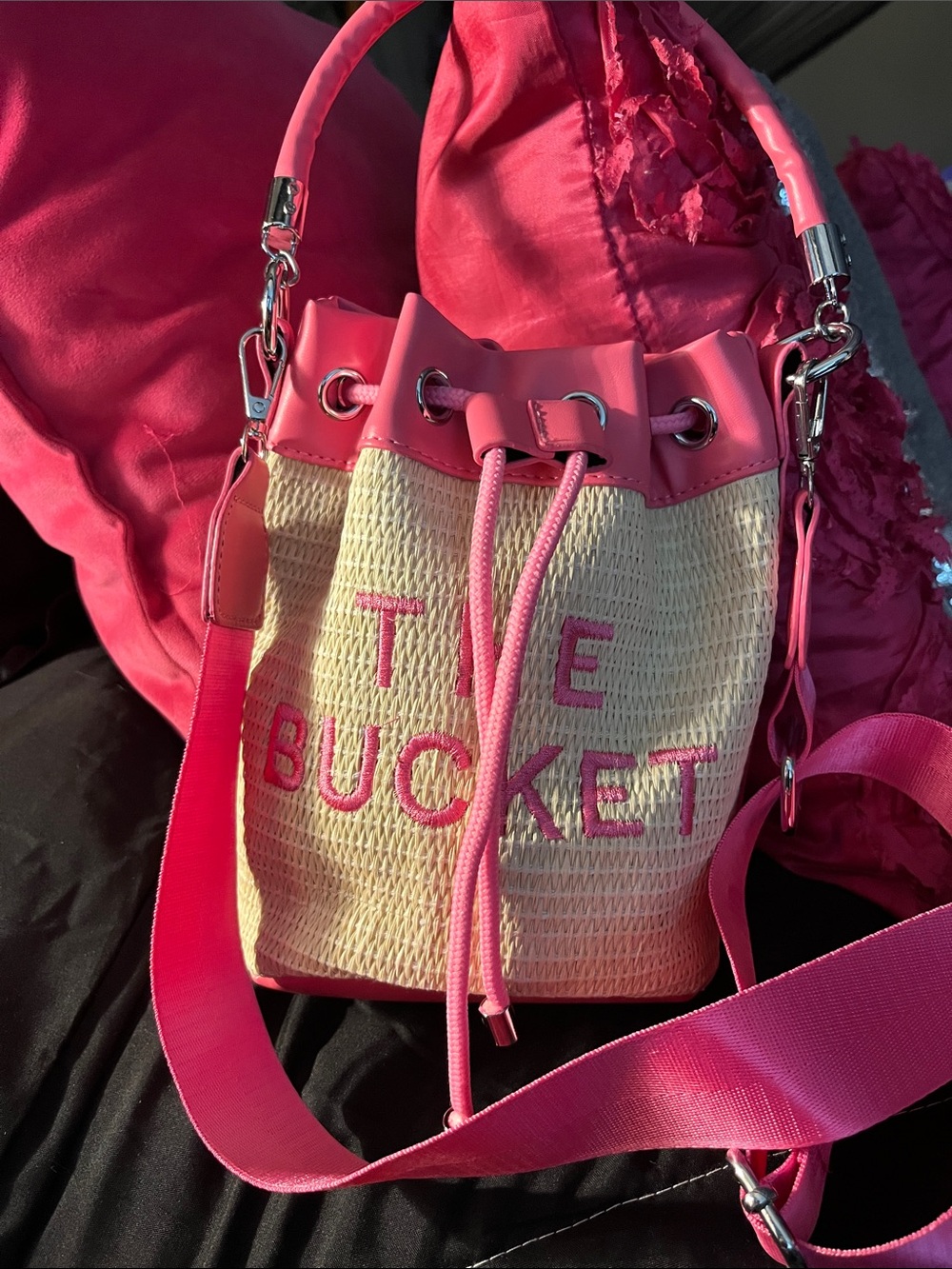 The Bucket Pink Straw Bucket Bag with Pink Trim - Picture 1 of 4